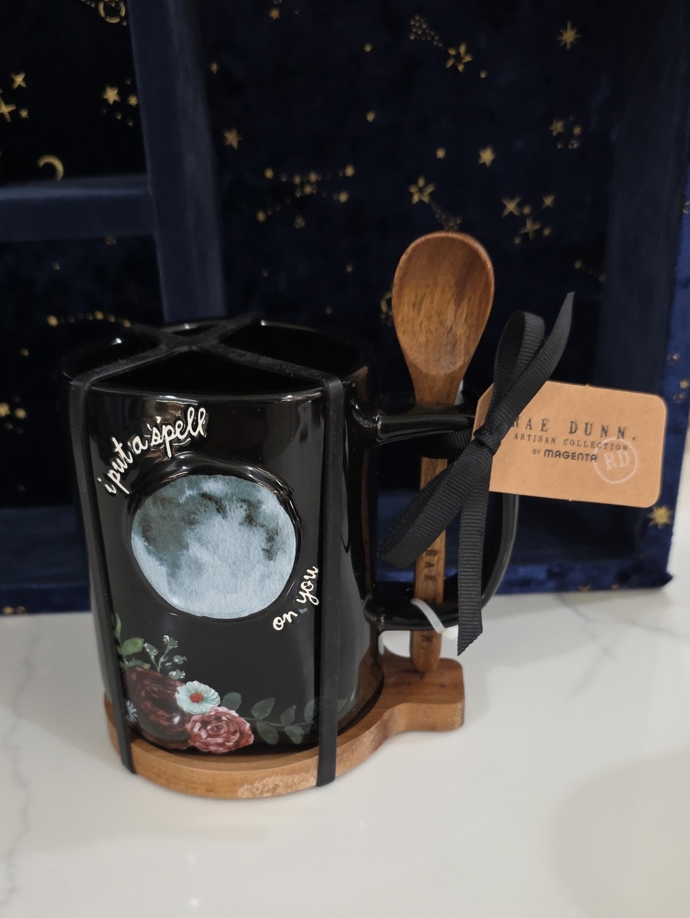 Rae Dunn Black Floral Moon Mug with Wooden Spoon & Coaster
